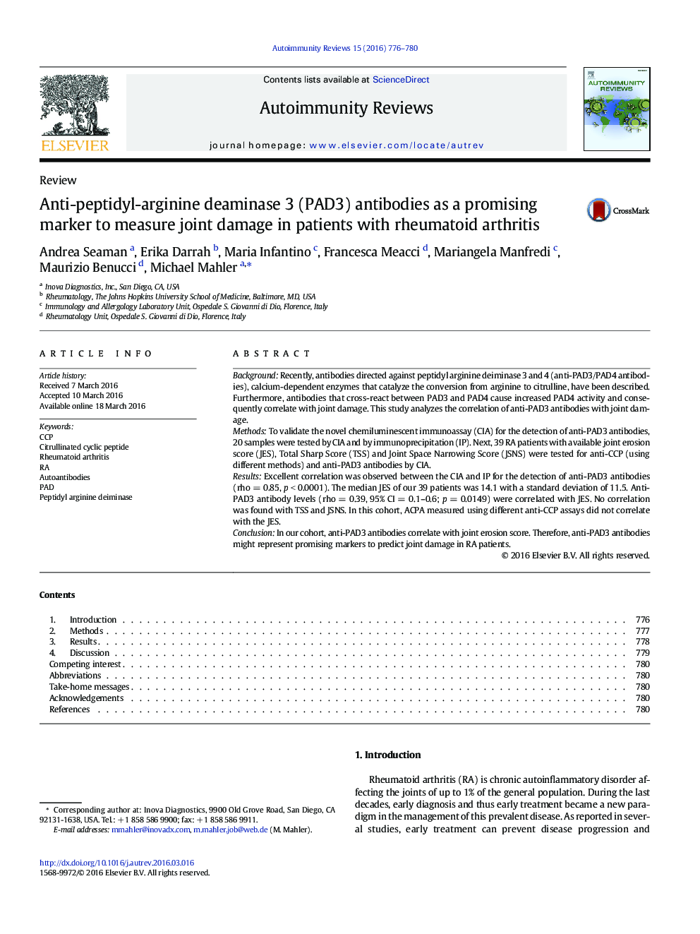 آنتی‌بادی های Anti-peptidyl-arginine deaminase 3 (PAD3) به عنوان نشانگر امیدوارکننده برای اندازه گیری آسیب مفصلی در بیماران مبتلا به آرتریت روماتوئید