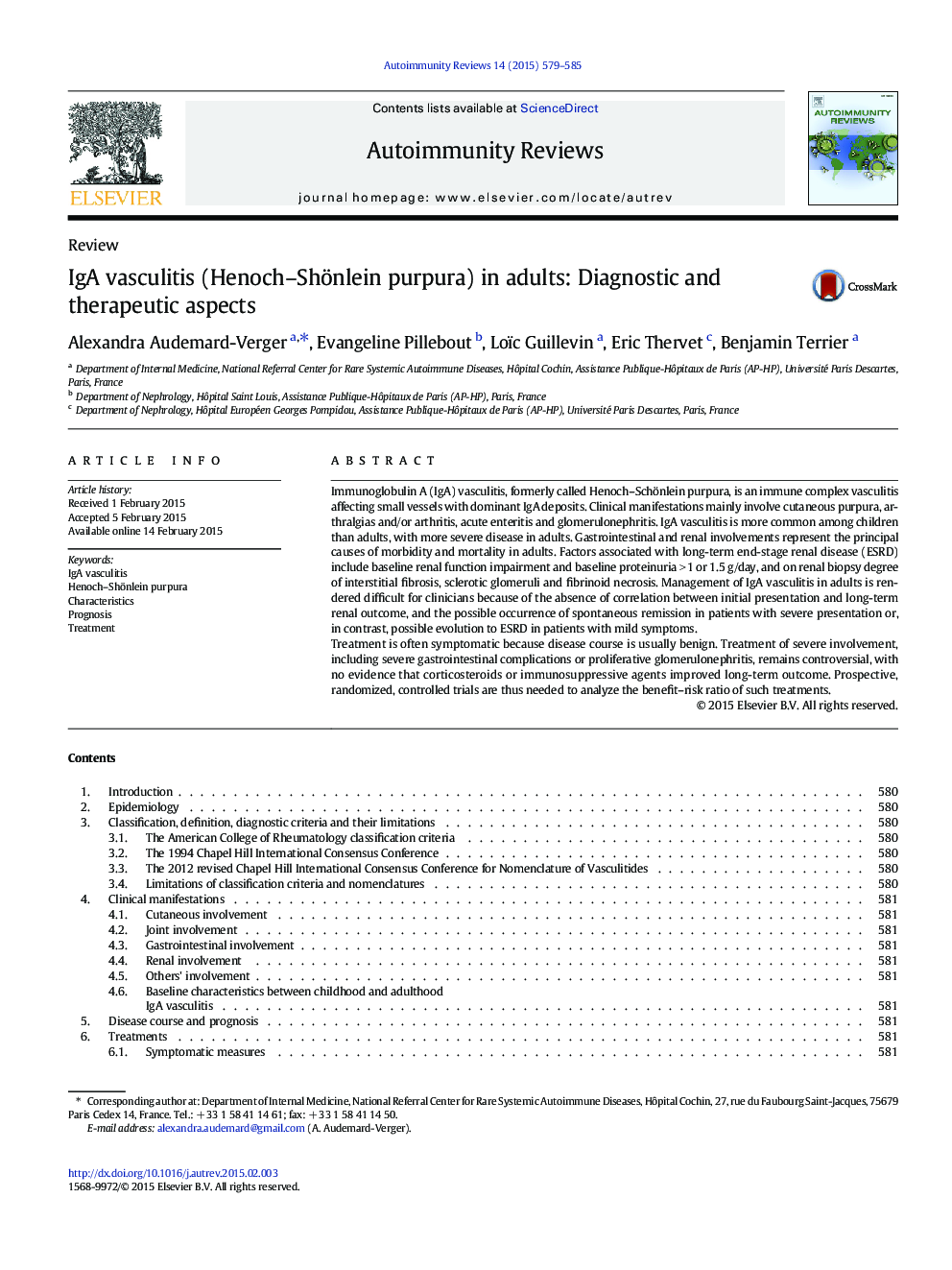 IgA vasculitis (Henoch–Shönlein purpura) in adults: Diagnostic and therapeutic aspects