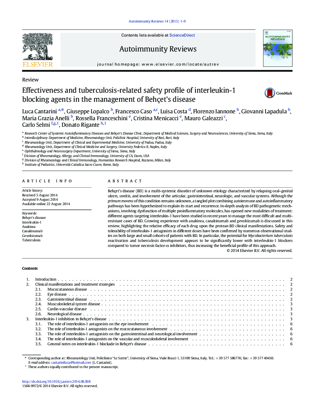 Effectiveness and tuberculosis-related safety profile of interleukin-1 blocking agents in the management of Behçet's disease