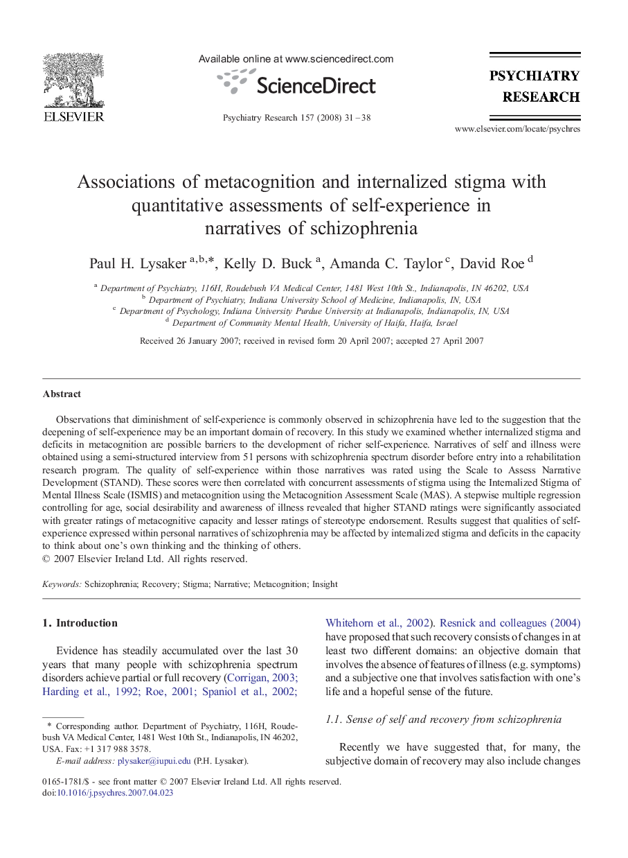 Associations of metacognition and internalized stigma with quantitative assessments of self-experience in narratives of schizophrenia