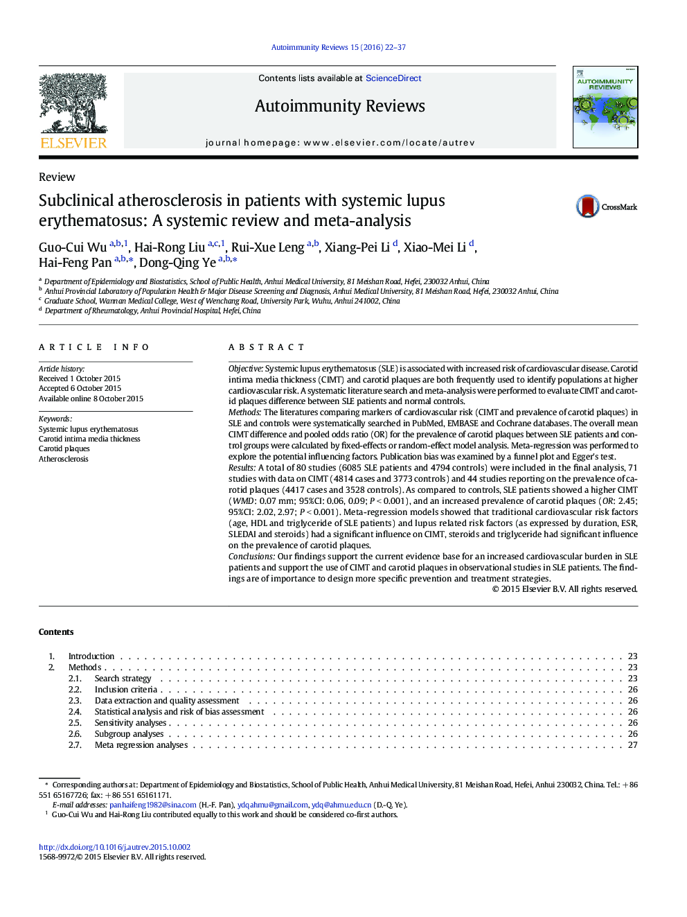 Subclinical atherosclerosis in patients with systemic lupus erythematosus: A systemic review and meta-analysis