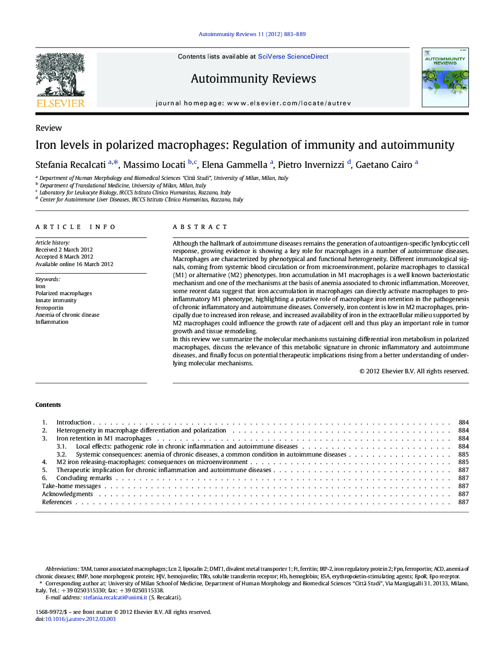 Iron levels in polarized macrophages: Regulation of immunity and autoimmunity