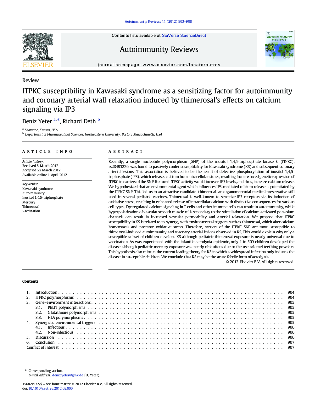 ITPKC susceptibility in Kawasaki syndrome as a sensitizing factor for autoimmunity and coronary arterial wall relaxation induced by thimerosal's effects on calcium signaling via IP3