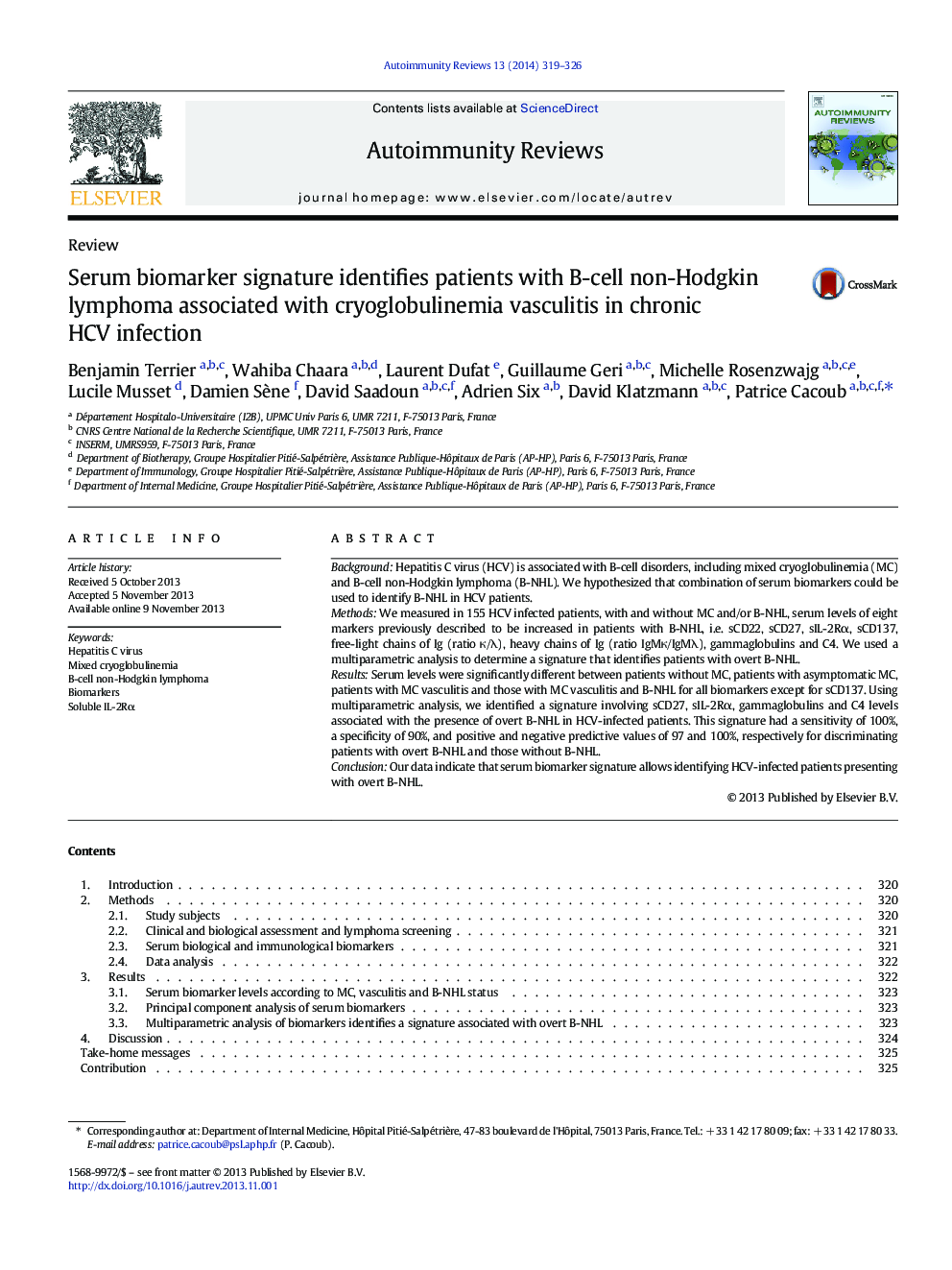 Serum biomarker signature identifies patients with B-cell non-Hodgkin lymphoma associated with cryoglobulinemia vasculitis in chronic HCV infection