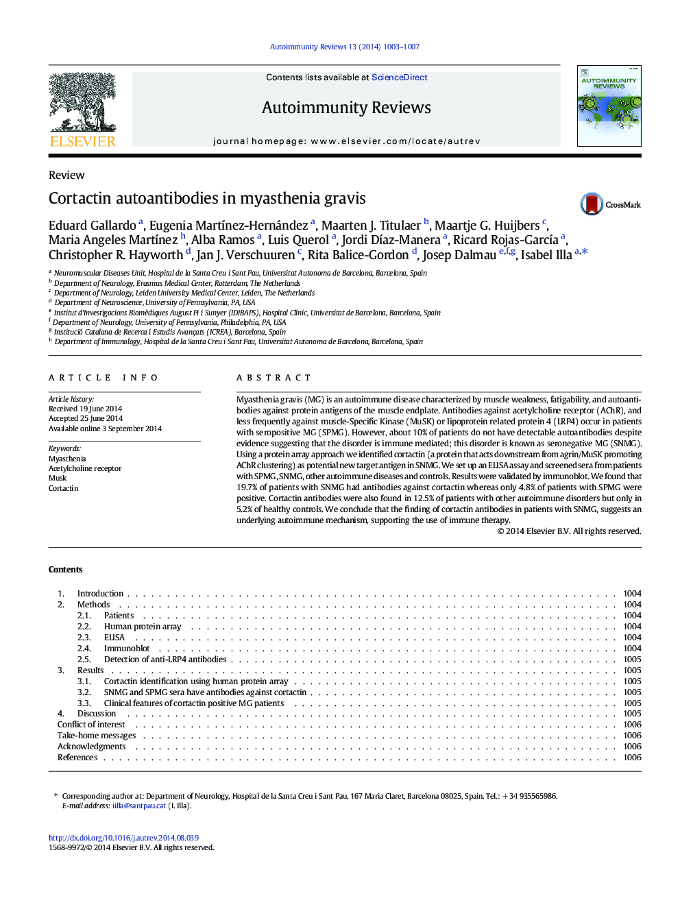 Cortactin autoantibodies in myasthenia gravis