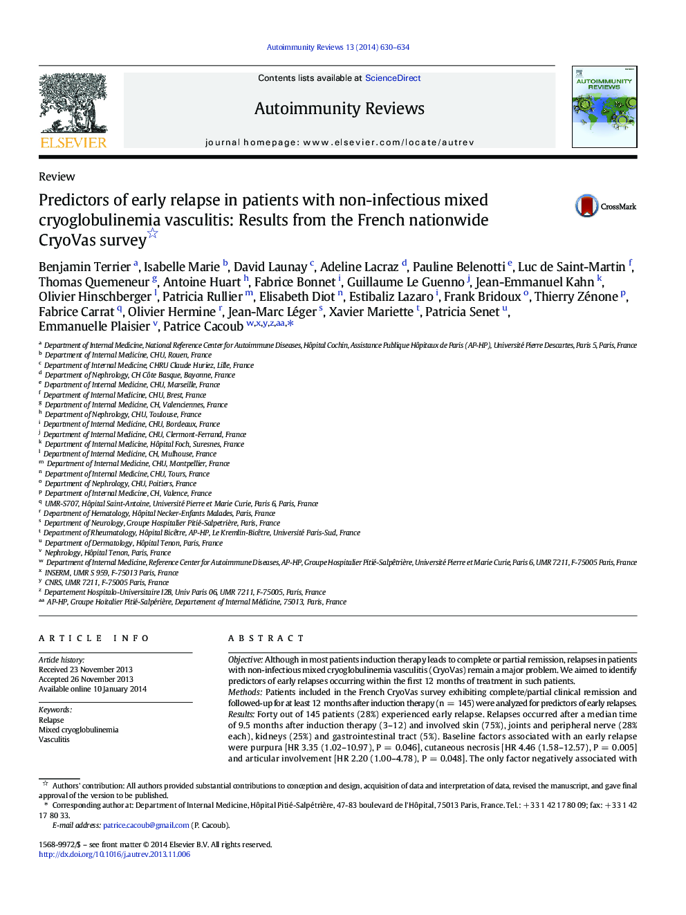 Predictors of early relapse in patients with non-infectious mixed cryoglobulinemia vasculitis: Results from the French nationwide CryoVas survey 