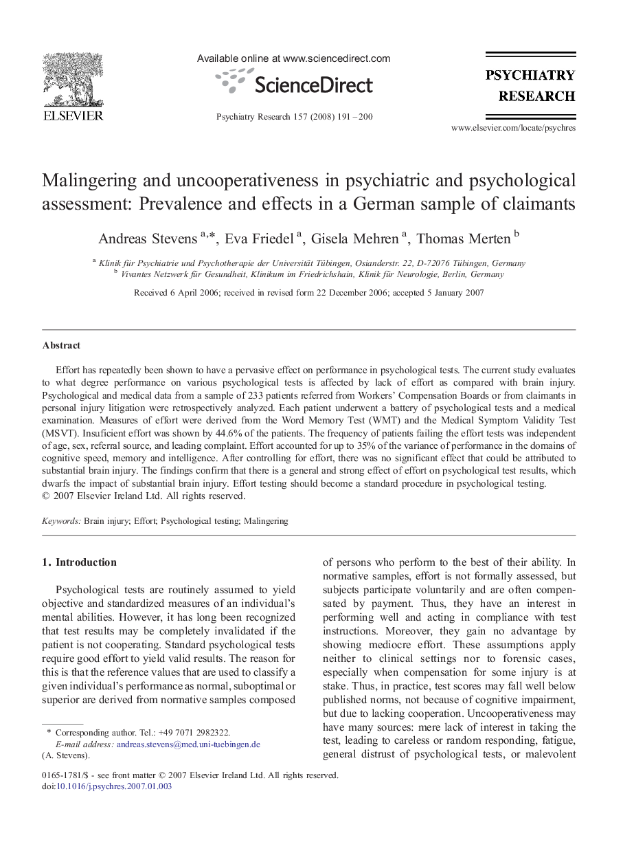 Malingering and uncooperativeness in psychiatric and psychological assessment: Prevalence and effects in a German sample of claimants