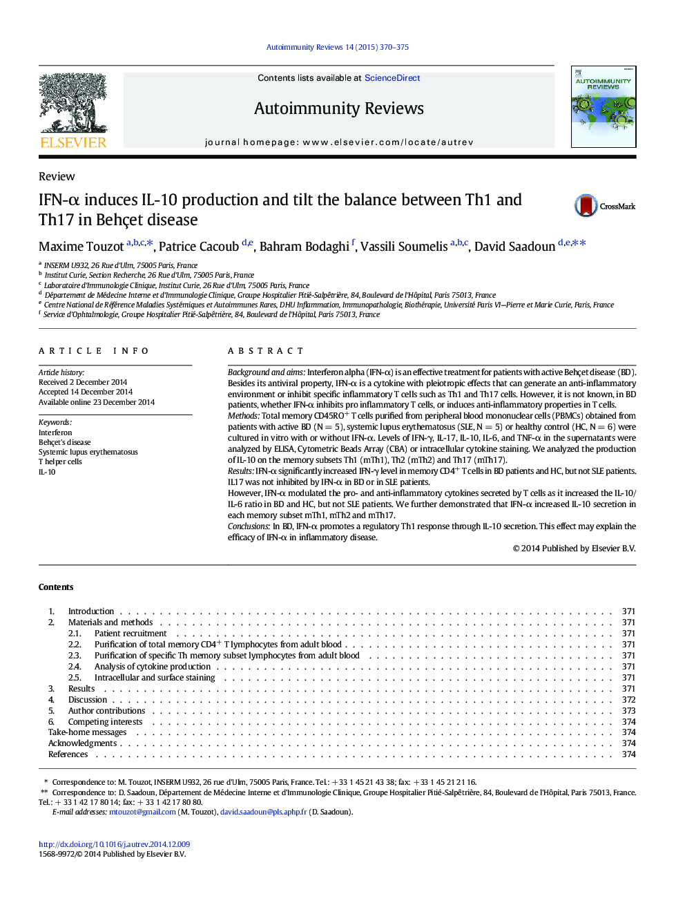 IFN-α induces IL-10 production and tilt the balance between Th1 and Th17 in Behçet disease