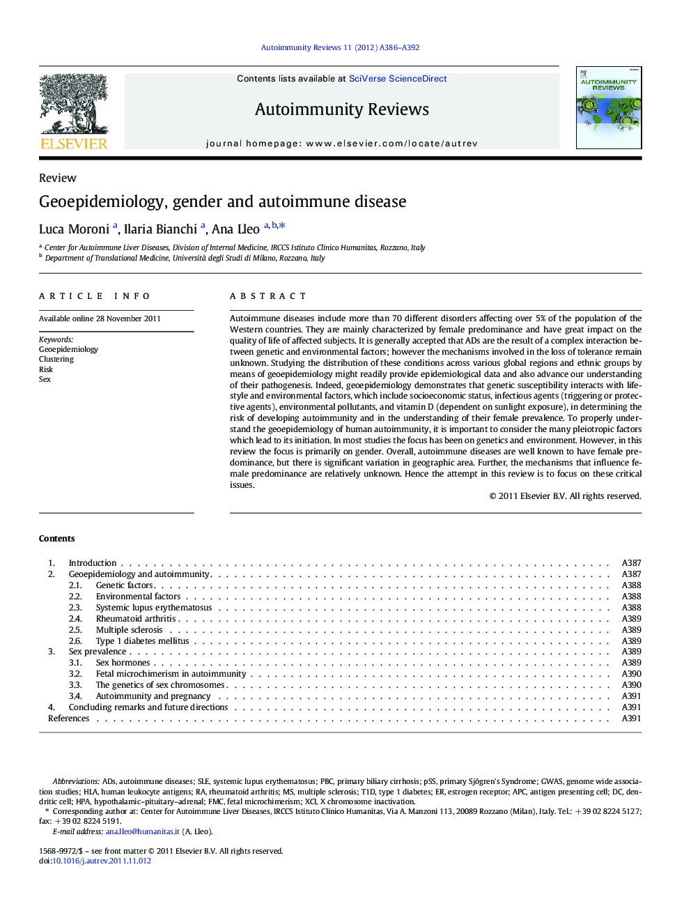 Geoepidemiology, gender and autoimmune disease