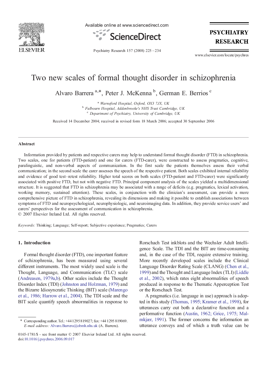 Two new scales of formal thought disorder in schizophrenia