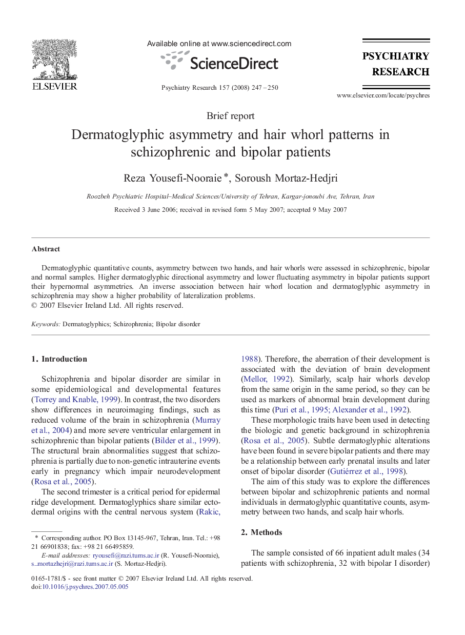 Dermatoglyphic asymmetry and hair whorl patterns in schizophrenic and bipolar patients