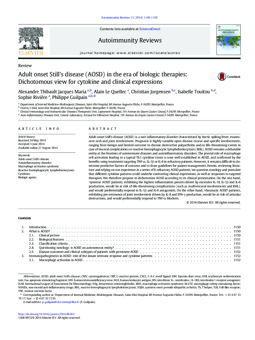 Adult onset Still's disease (AOSD) in the era of biologic therapies: Dichotomous view for cytokine and clinical expressions