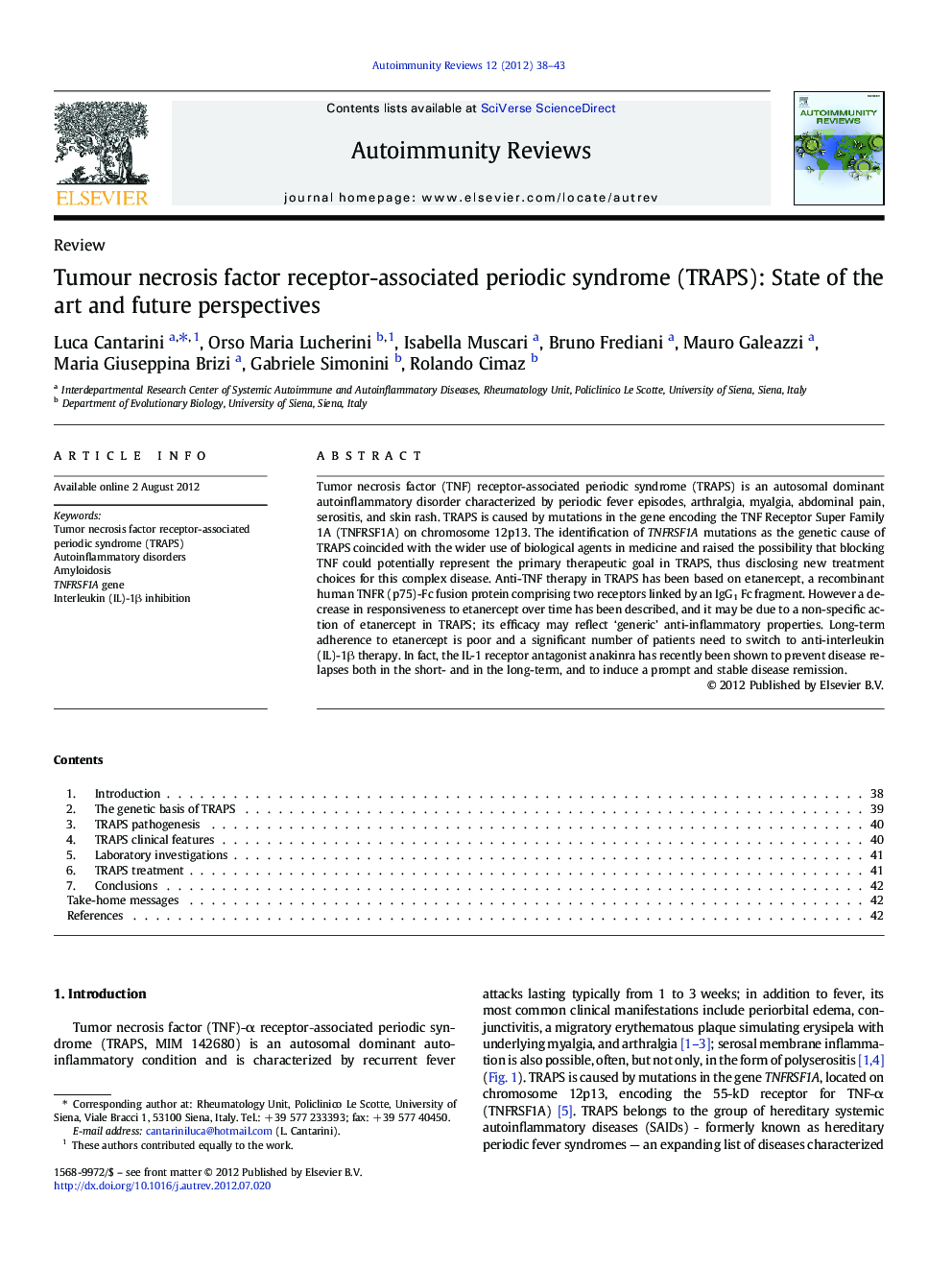 Tumour necrosis factor receptor-associated periodic syndrome (TRAPS): State of the art and future perspectives