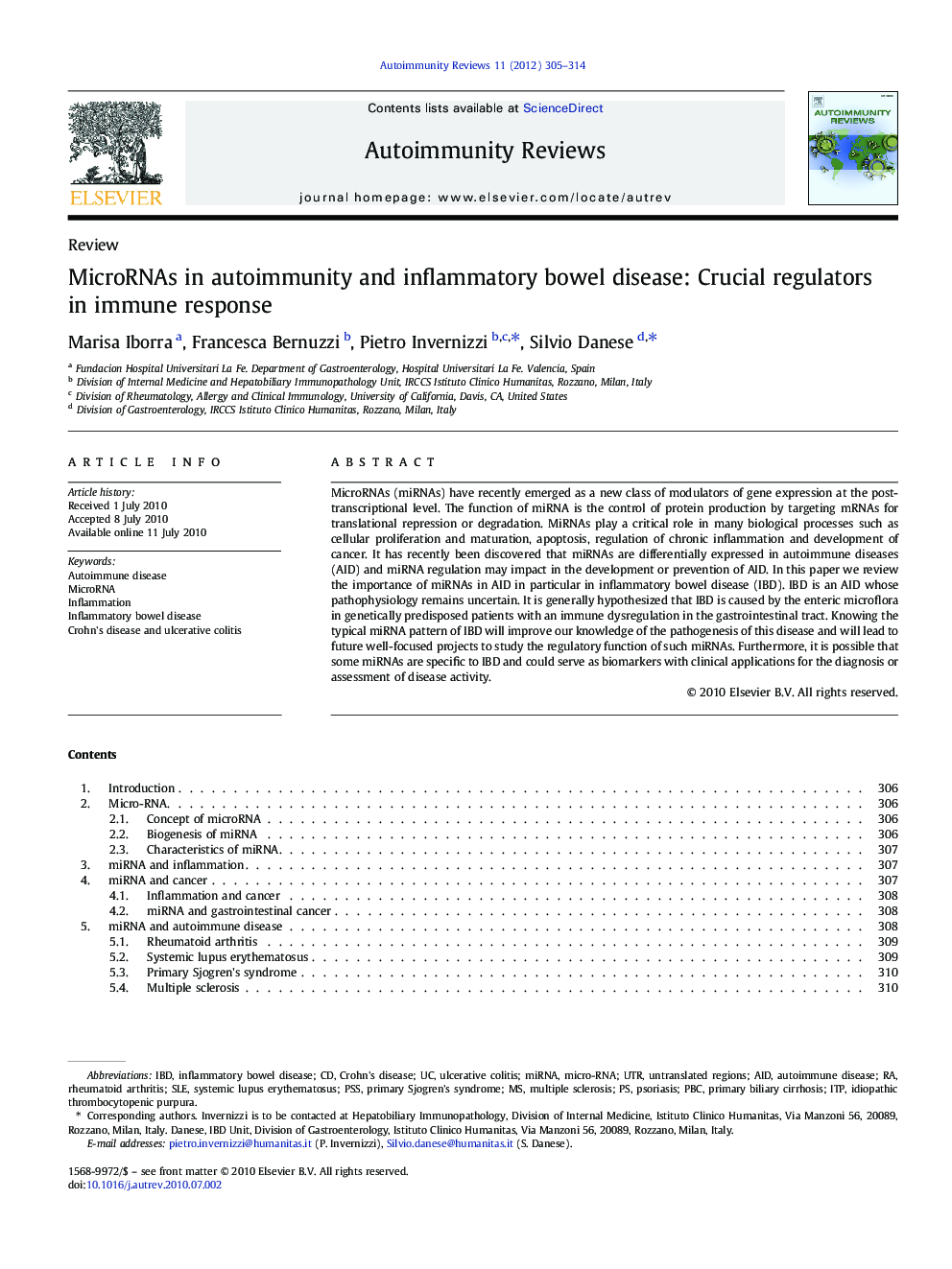 MicroRNAs in autoimmunity and inflammatory bowel disease: Crucial regulators in immune response