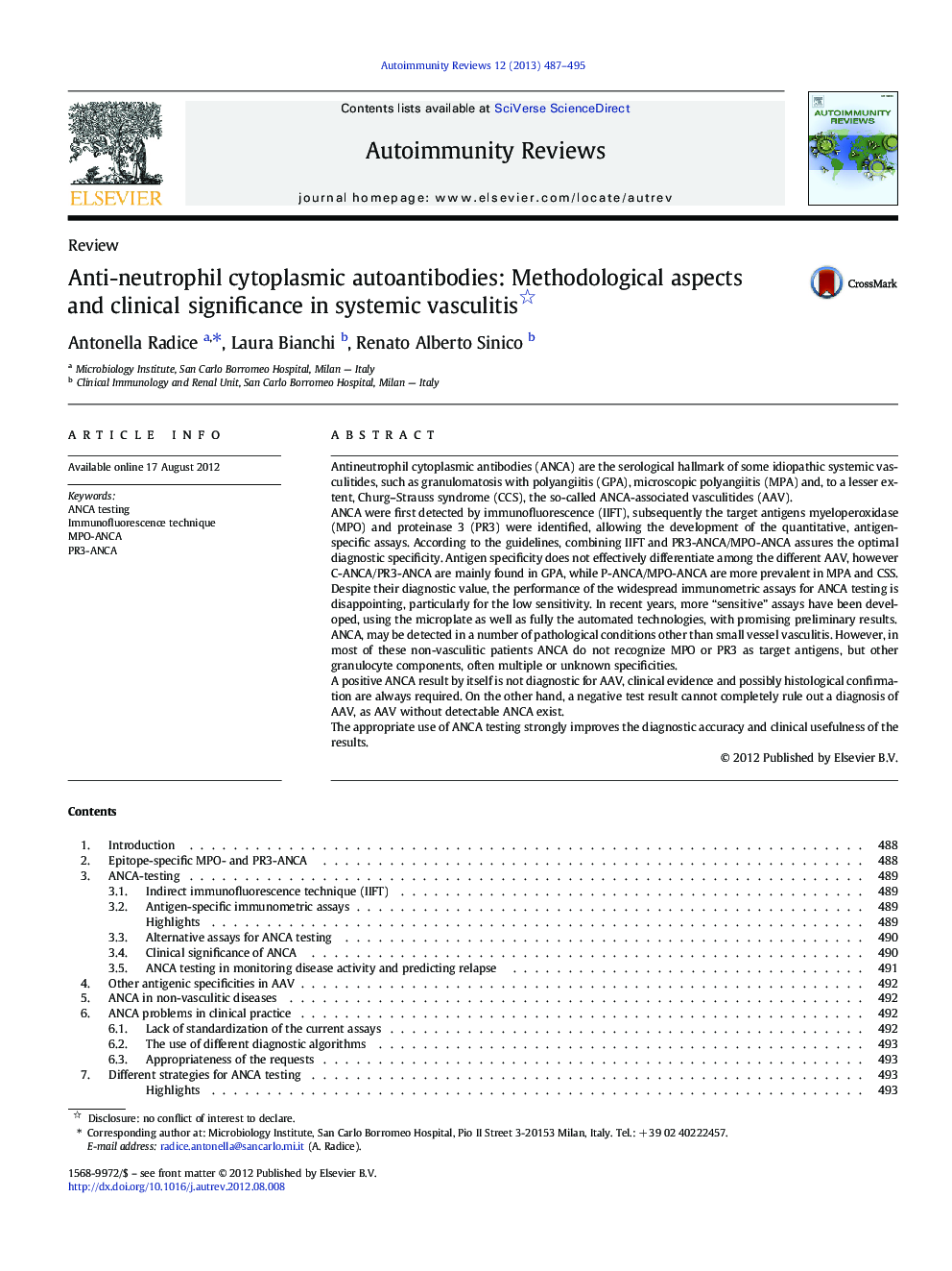 Anti-neutrophil cytoplasmic autoantibodies: Methodological aspects and clinical significance in systemic vasculitis 