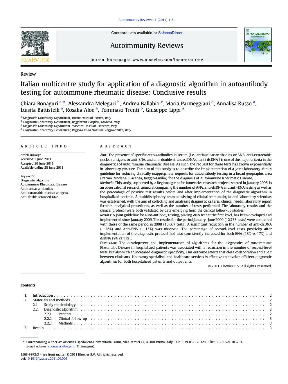 Italian multicentre study for application of a diagnostic algorithm in autoantibody testing for autoimmune rheumatic disease: Conclusive results