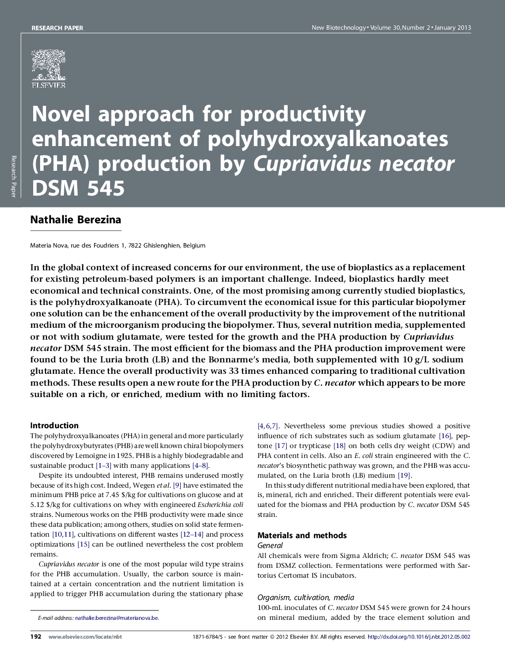 Novel approach for productivity enhancement of polyhydroxyalkanoates (PHA) production by Cupriavidus necator DSM 545