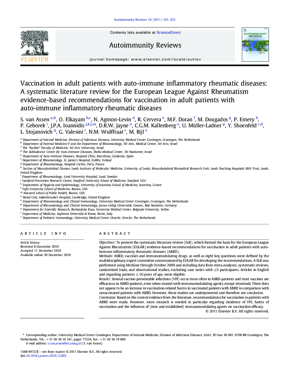 Vaccination in adult patients with auto-immune inflammatory rheumatic diseases: A systematic literature review for the European League Against Rheumatism evidence-based recommendations for vaccination in adult patients with auto-immune inflammatory rheuma