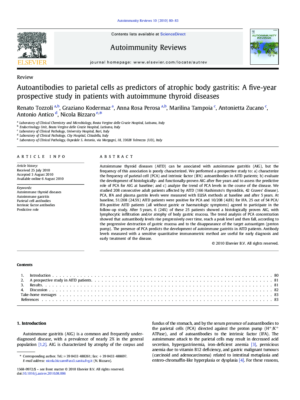 Autoantibodies to parietal cells as predictors of atrophic body gastritis: A five-year prospective study in patients with autoimmune thyroid diseases