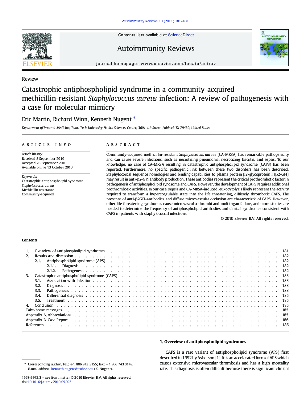 Catastrophic antiphospholipid syndrome in a community-acquired methicillin-resistant Staphylococcus aureus infection: A review of pathogenesis with a case for molecular mimicry