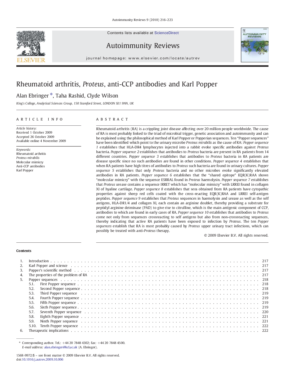 Rheumatoid arthritis, Proteus, anti-CCP antibodies and Karl Popper