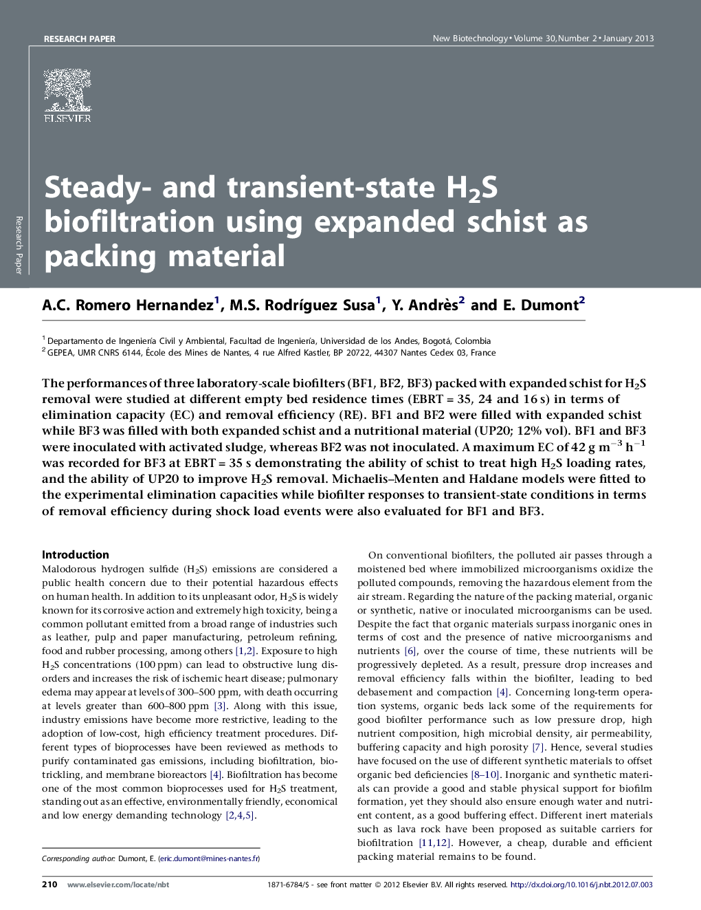 عکس صفحه اول مقاله: Steady- and transient-state H2S biofiltration using expanded schist as packing material Steady- and transient-state H2S biofiltration using expanded schist as packing material