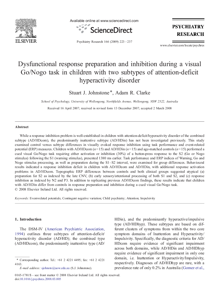 Dysfunctional response preparation and inhibition during a visual Go/Nogo task in children with two subtypes of attention-deficit hyperactivity disorder