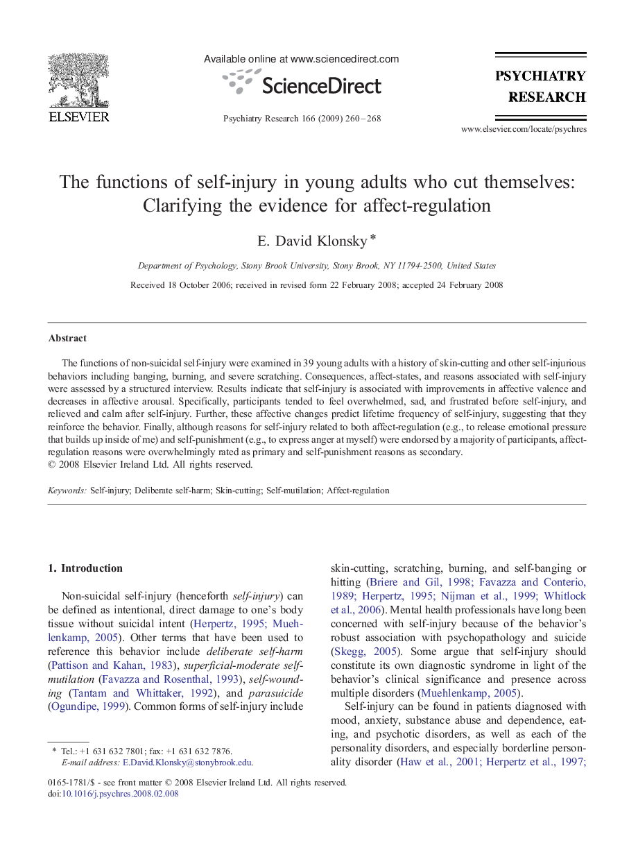 The functions of self-injury in young adults who cut themselves: Clarifying the evidence for affect-regulation