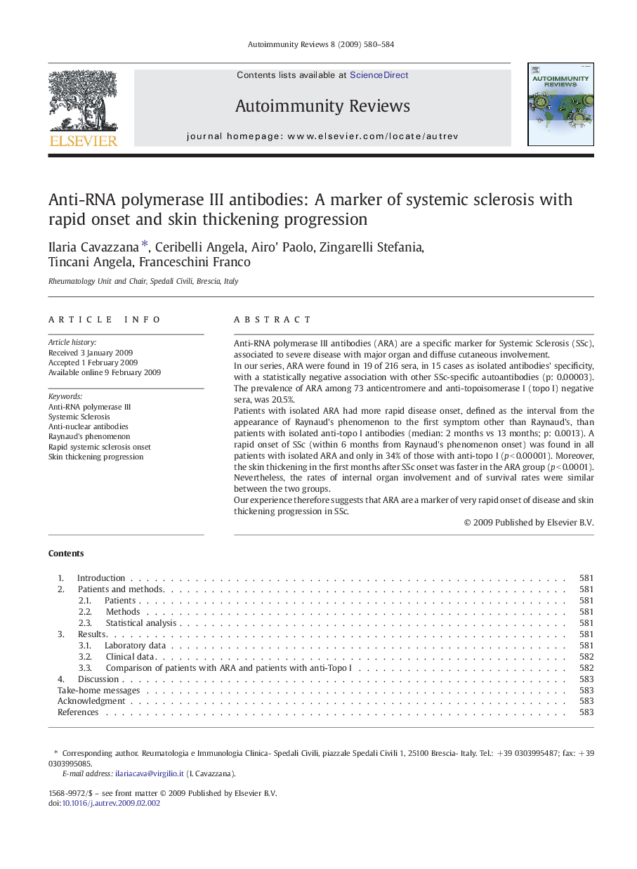 Anti-RNA polymerase III antibodies: A marker of systemic sclerosis with rapid onset and skin thickening progression