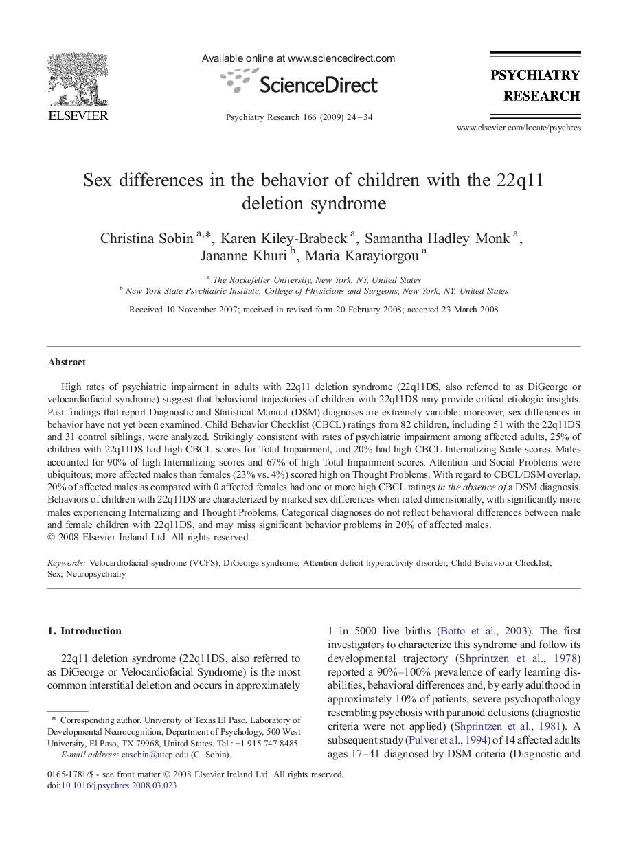 Sex differences in the behavior of children with the 22q11 deletion syndrome