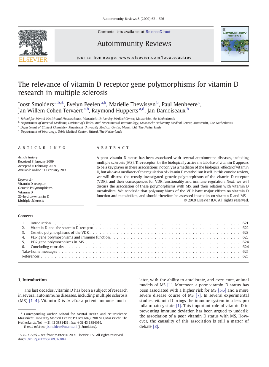 The relevance of vitamin D receptor gene polymorphisms for vitamin D research in multiple sclerosis