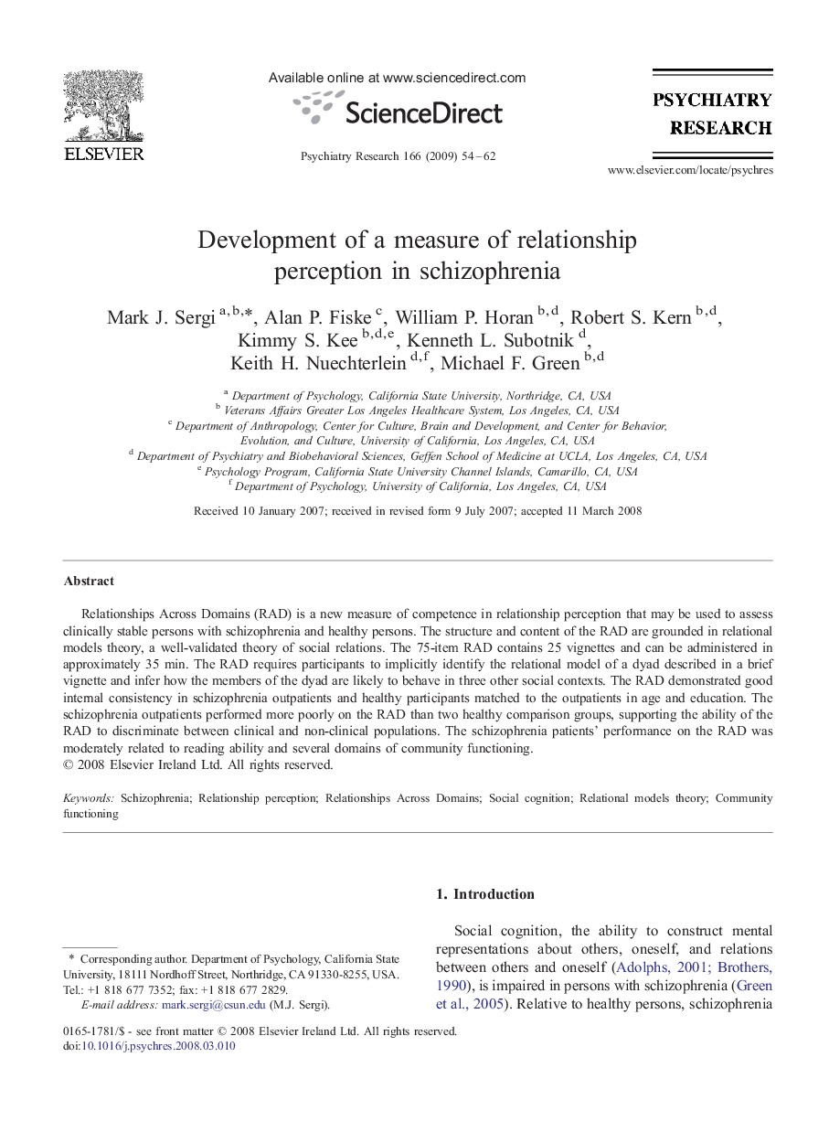 Development of a measure of relationship perception in schizophrenia