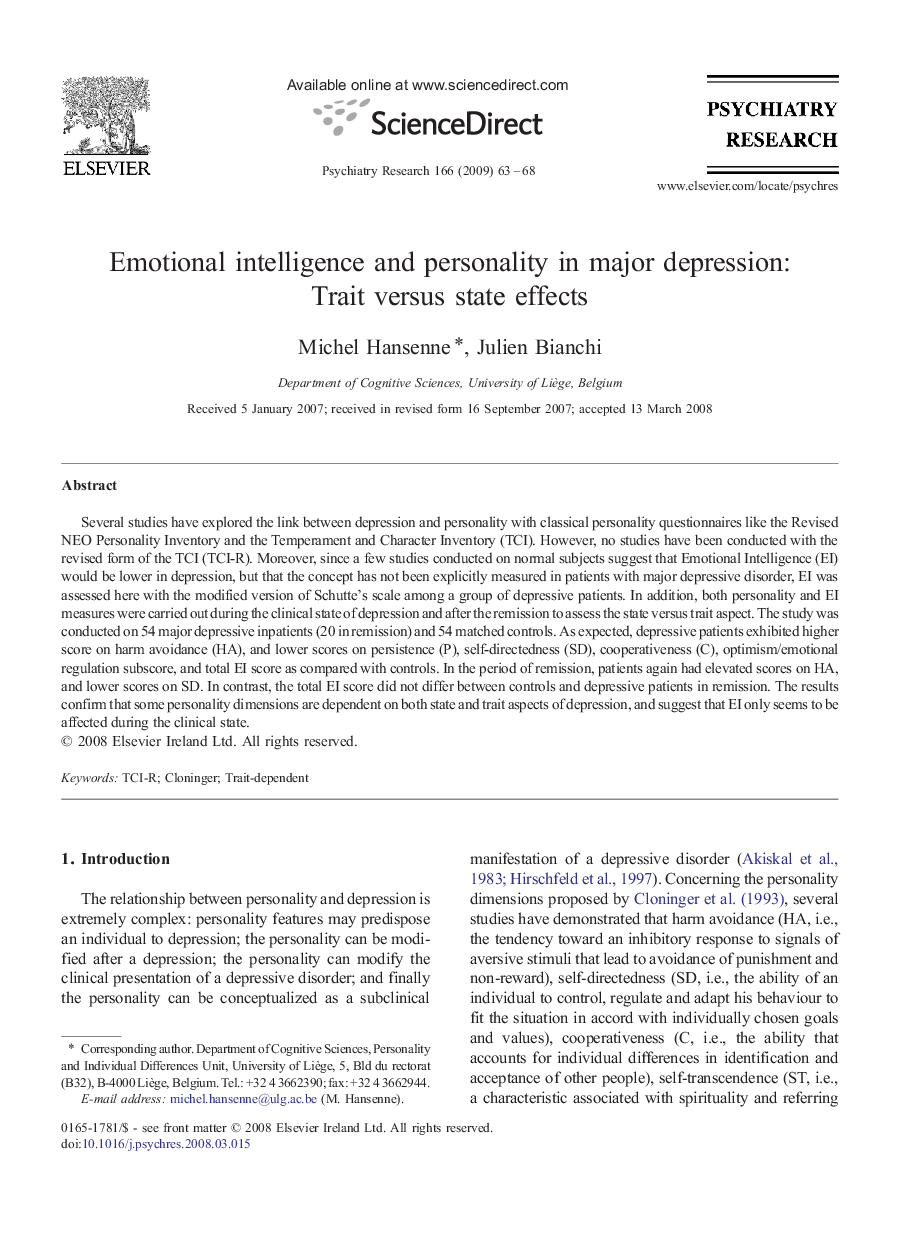 Emotional intelligence and personality in major depression: Trait versus state effects