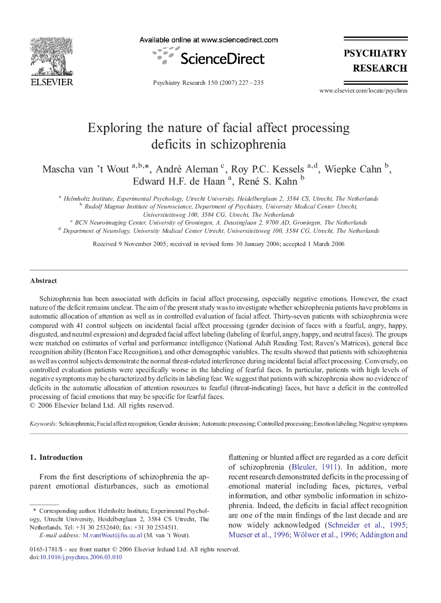 Exploring the nature of facial affect processing deficits in schizophrenia