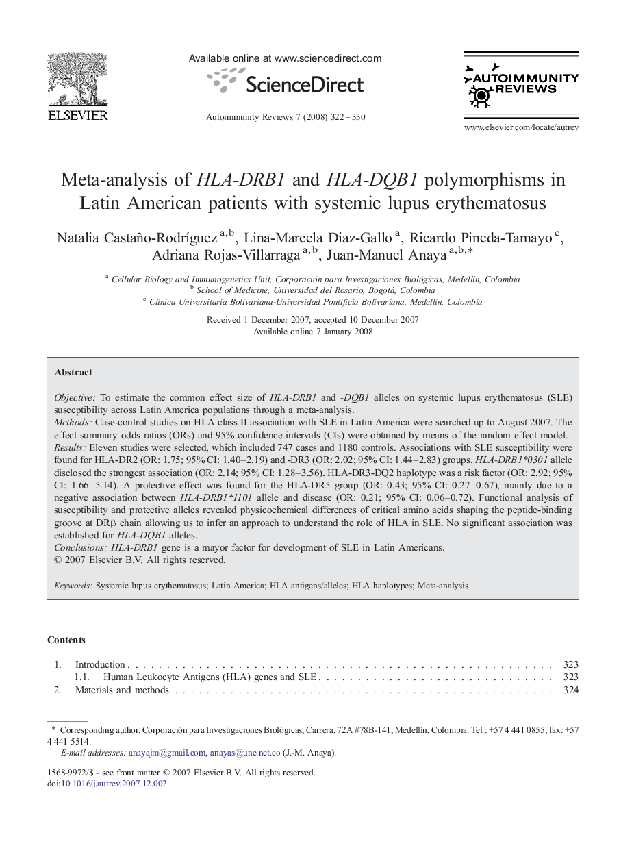 Meta-analysis of HLA-DRB1 and HLA-DQB1 polymorphisms in Latin American patients with systemic lupus erythematosus