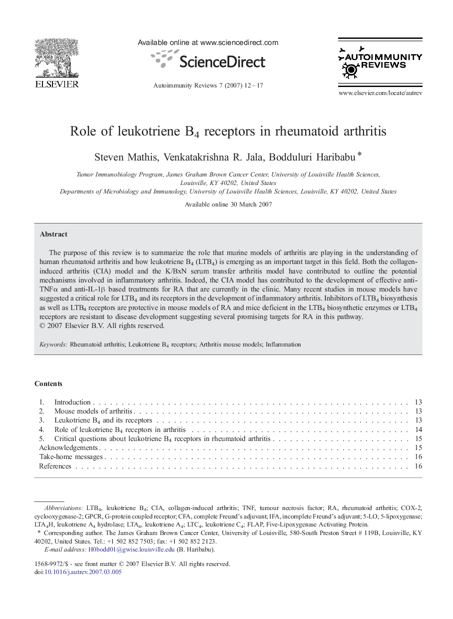 Role of leukotriene B4 receptors in rheumatoid arthritis