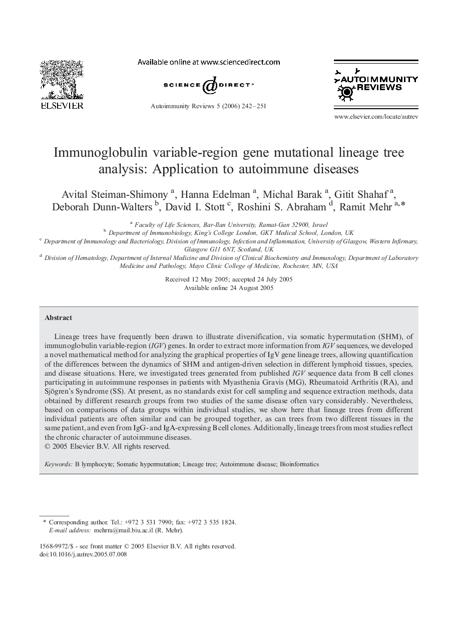 Immunoglobulin variable-region gene mutational lineage tree analysis: Application to autoimmune diseases