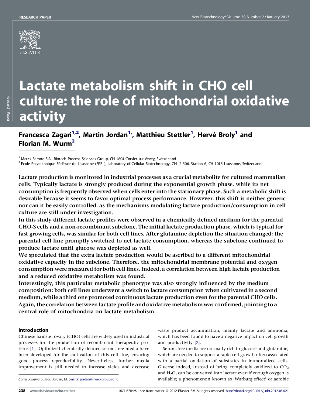 عکس صفحه اول مقاله: Lactate metabolism shift in CHO cell culture: the role of mitochondrial oxidative activity Lactate metabolism shift in CHO cell culture: the role of mitochondrial oxidative activity