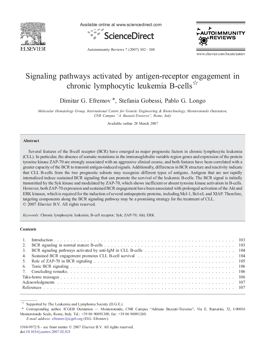 Signaling pathways activated by antigen-receptor engagement in chronic lymphocytic leukemia B-cells 