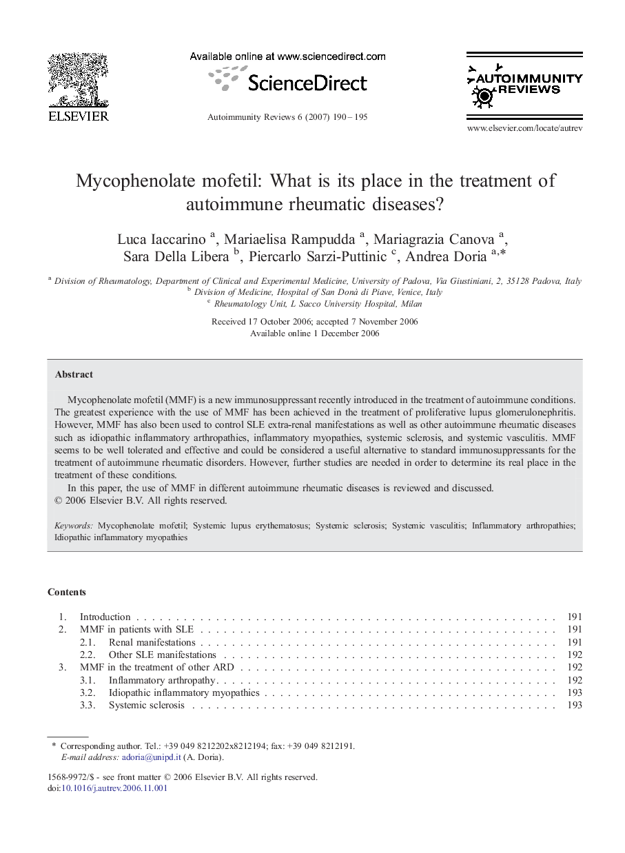 Mycophenolate mofetil: What is its place in the treatment of autoimmune rheumatic diseases?