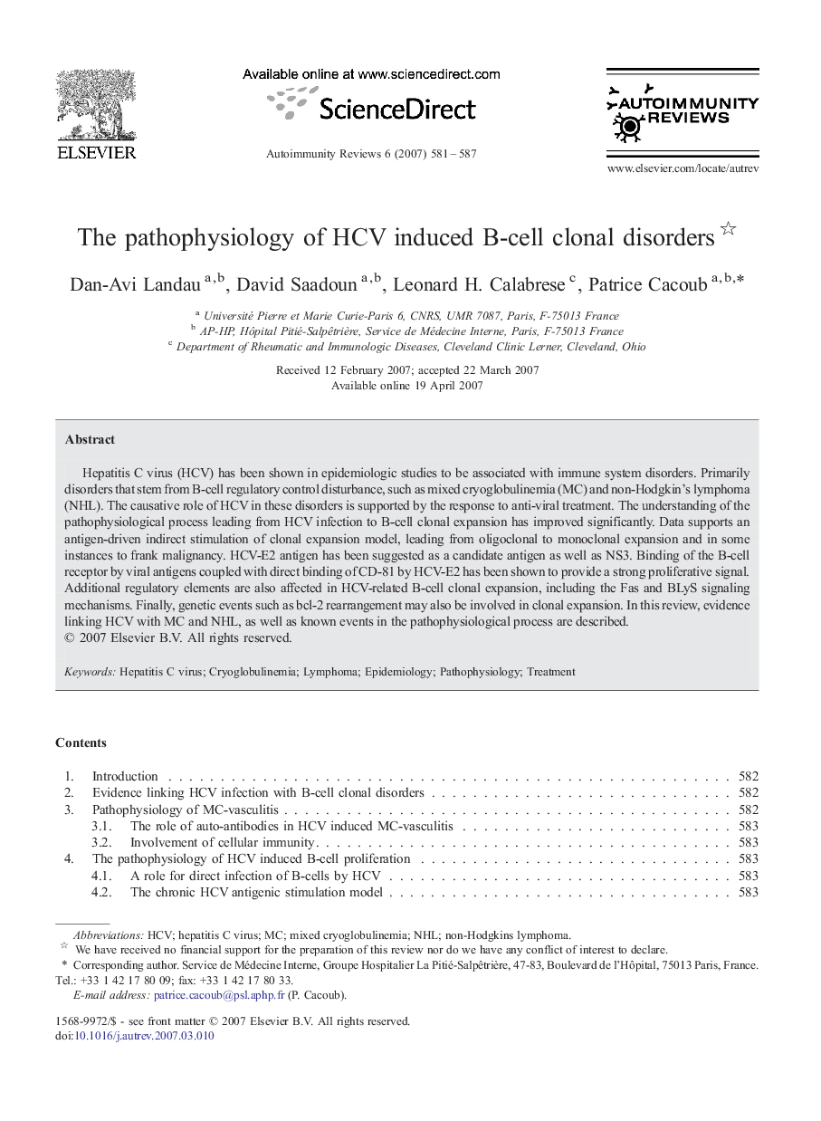 The pathophysiology of HCV induced B-cell clonal disorders 