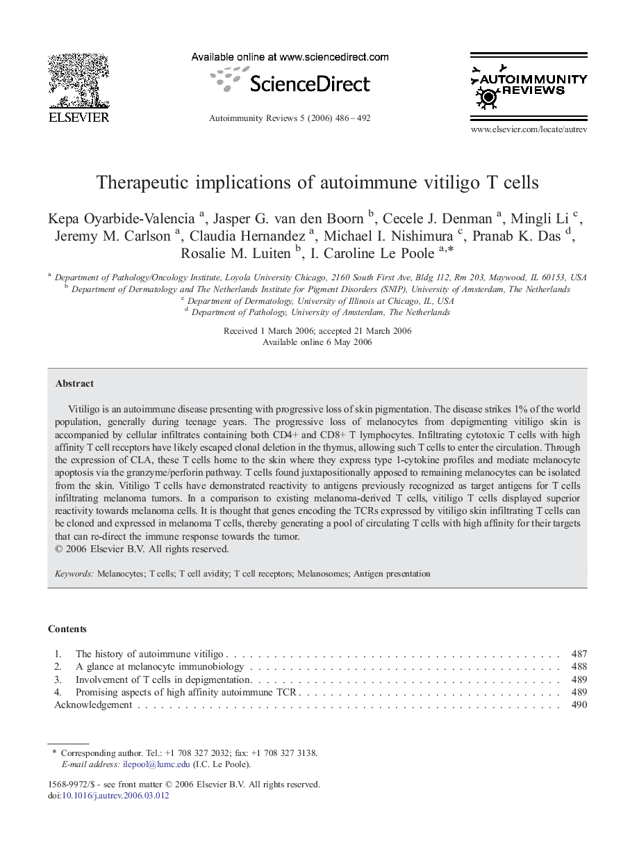 Therapeutic implications of autoimmune vitiligo T cells