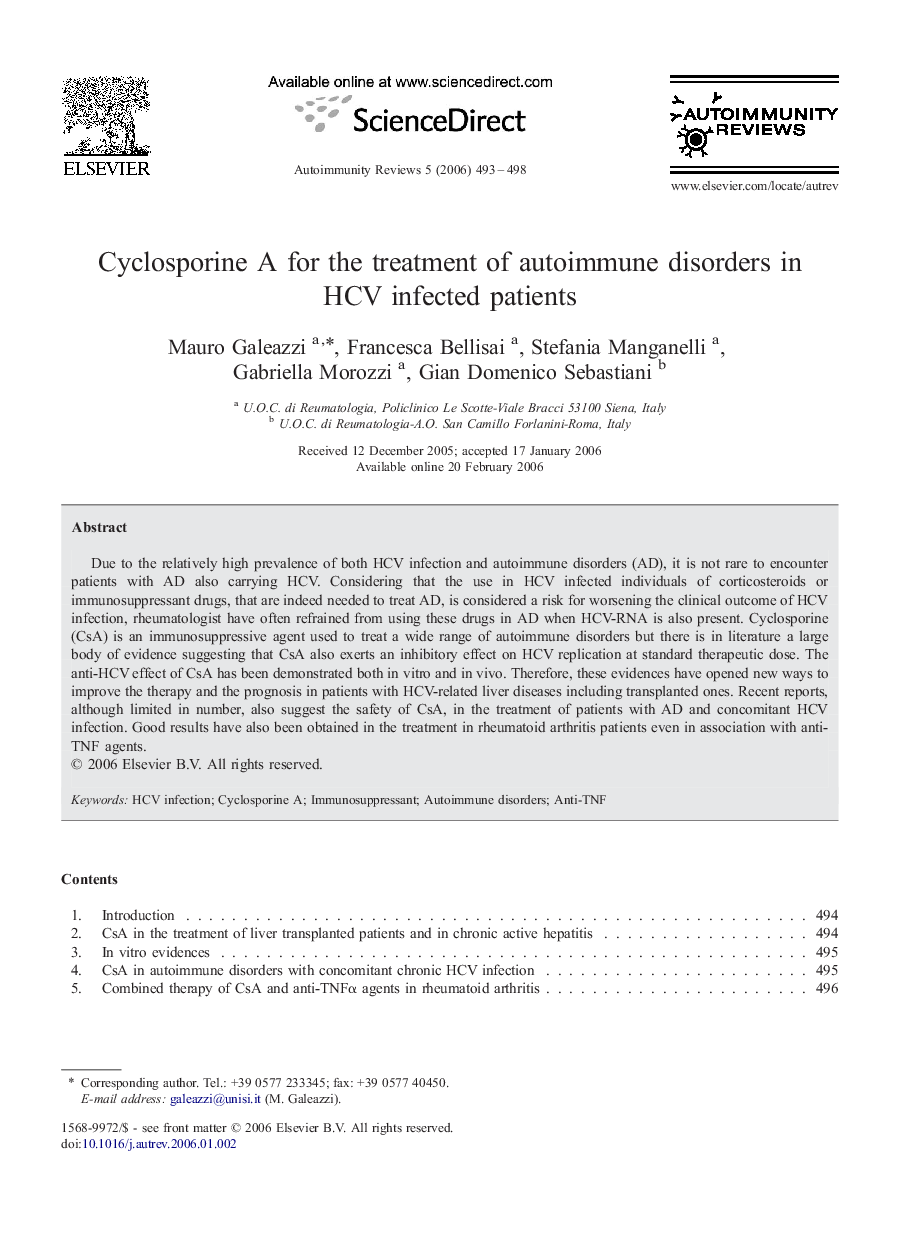 Cyclosporine A for the treatment of autoimmune disorders in HCV infected patients