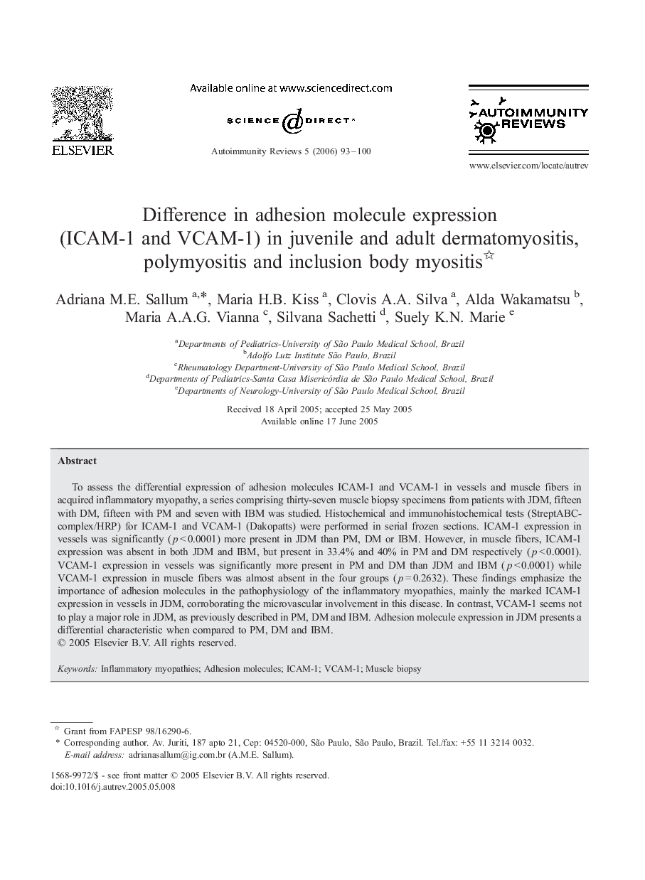 Difference in adhesion molecule expression (ICAM-1 and VCAM-1) in juvenile and adult dermatomyositis, polymyositis and inclusion body myositis 