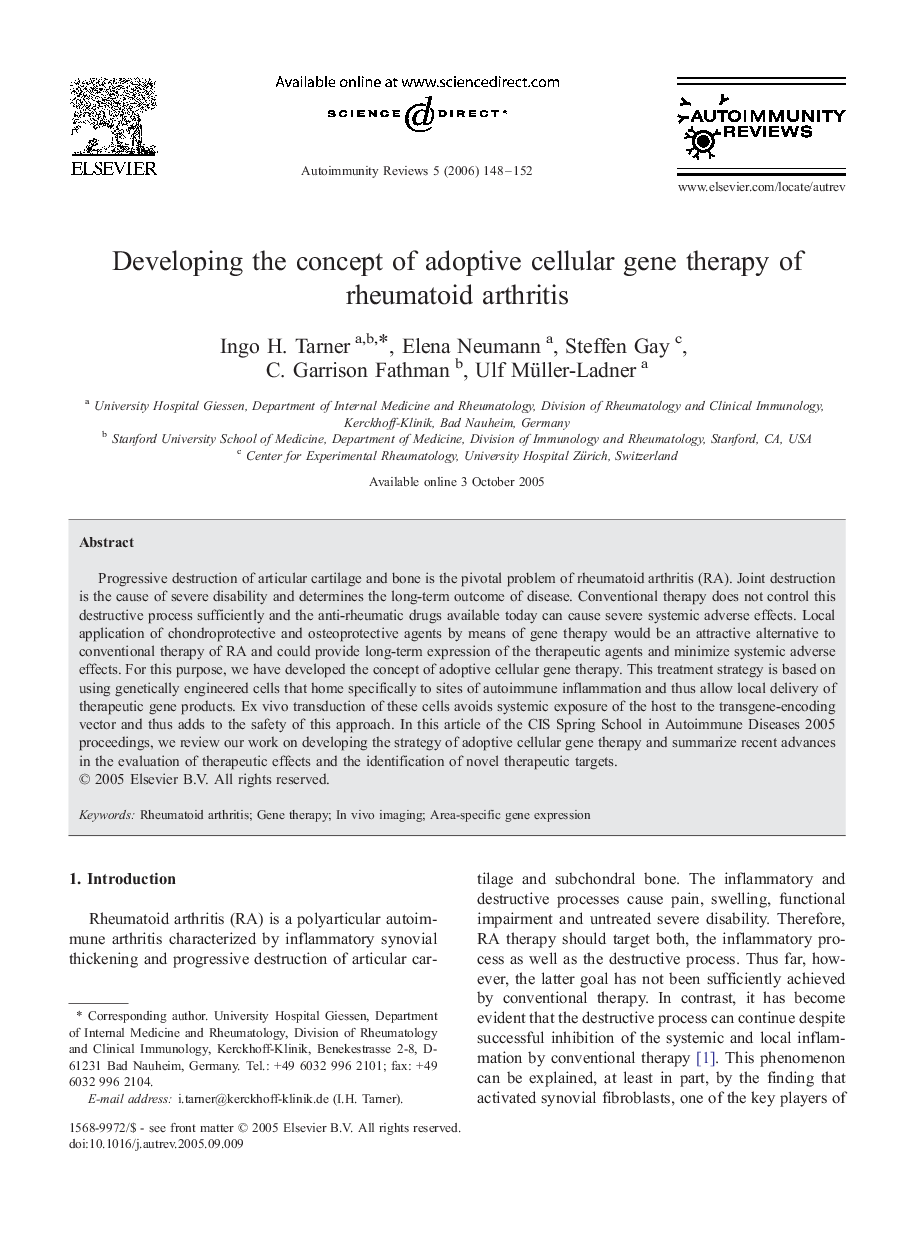 Developing the concept of adoptive cellular gene therapy of rheumatoid arthritis