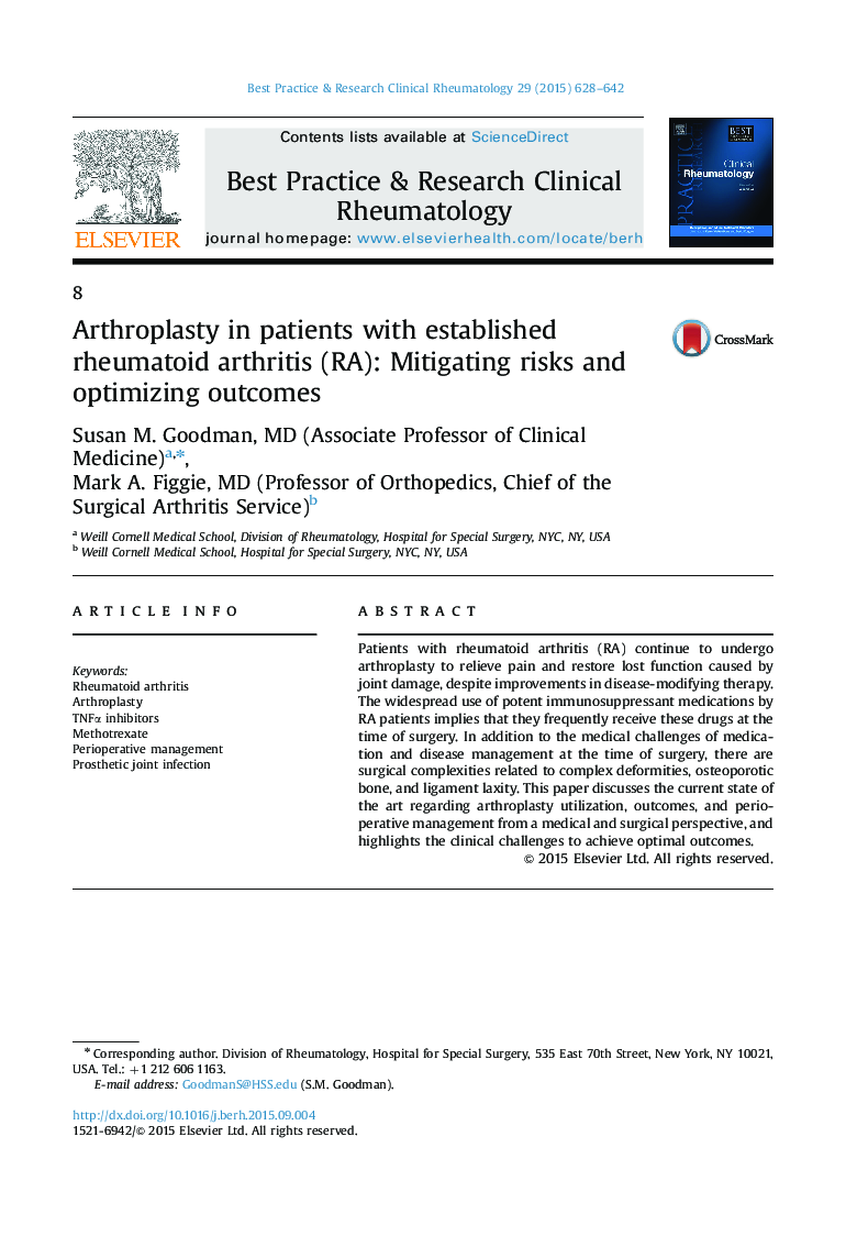 Arthroplasty in patients with established rheumatoid arthritis (RA): Mitigating risks and optimizing outcomes