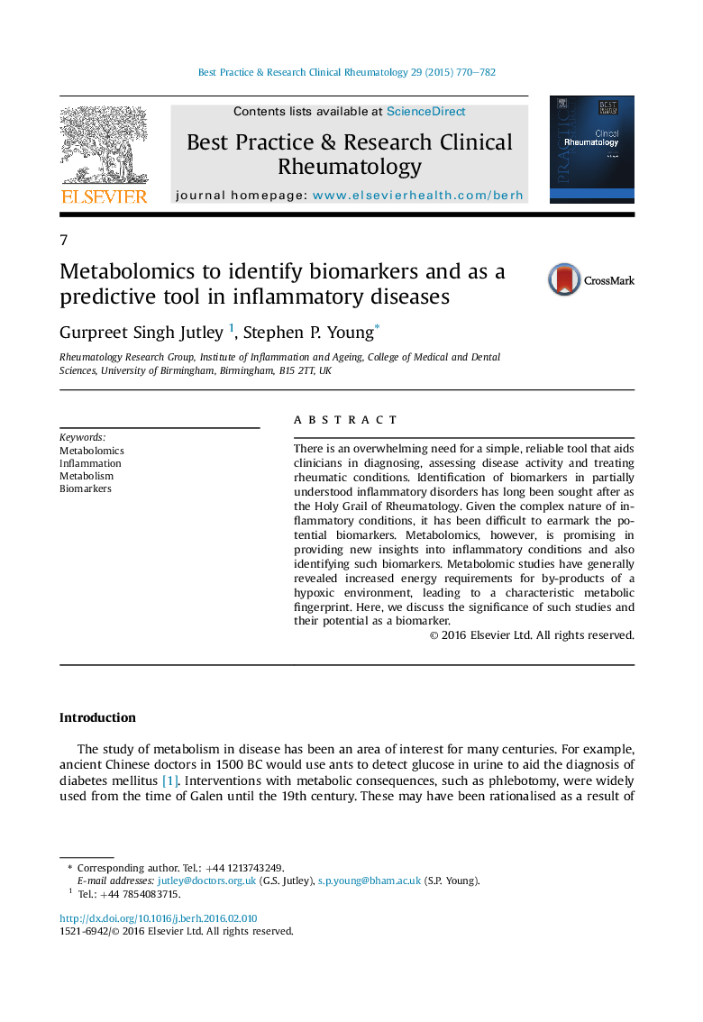 Metabolomics to identify biomarkers and as a predictive tool in inflammatory diseases