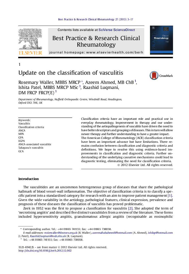 Update on the classification of vasculitis