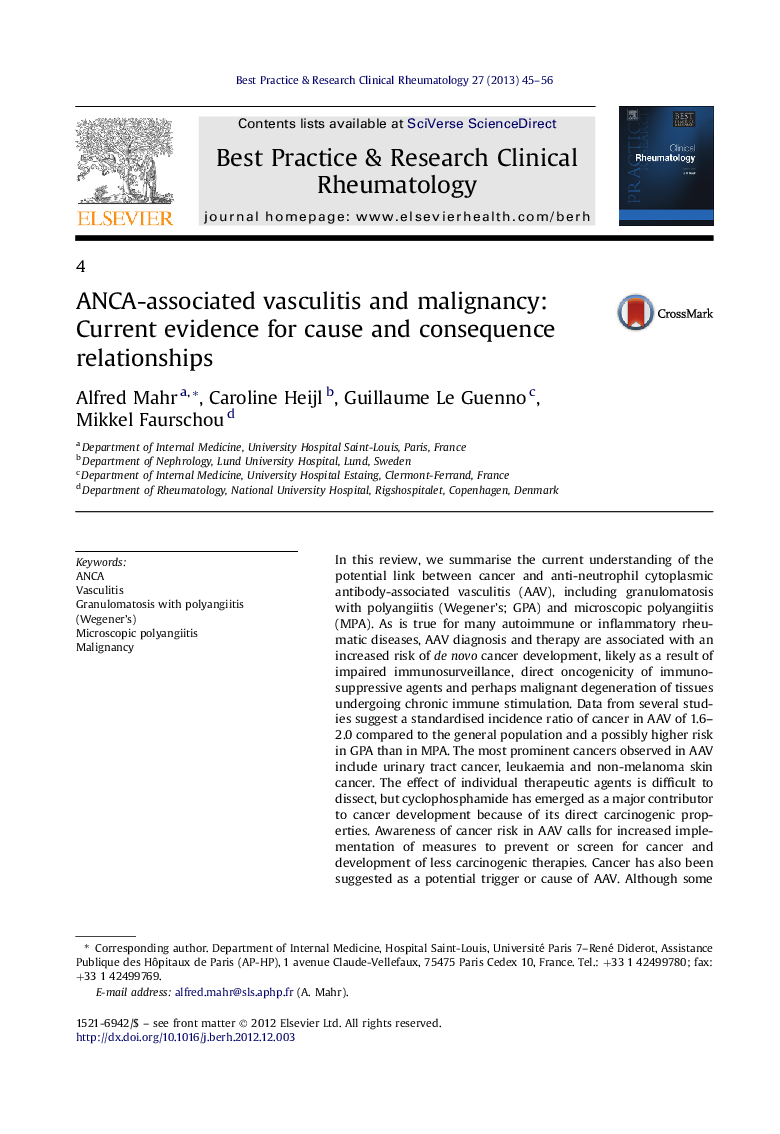 ANCA-associated vasculitis and malignancy: Current evidence for cause and consequence relationships