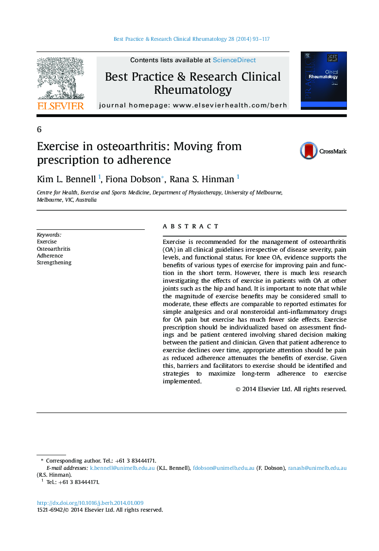 Exercise in osteoarthritis: Moving from prescription to adherence